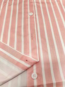 Casual Fashion Striped Print Women's Plus Size Button-Up Long Sleeve Shirt Blouse Pink - Pink - View 6