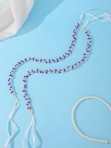 2pcs Vintage Elegant Royal Blue Crystal Pearl Headband, Wedding Accessory, Bohemian Rhinestone Pearl Bridal Headpiece - Multicolor - View 3
