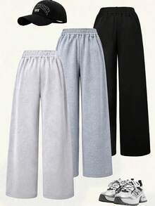 3pcs/Set Girls Slogan Print Casual Wide Leg Pants, Loose Wide Leg Design, Soft And Comfortable, Suitable For Daily Wear - Multicolor - View 2