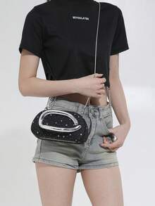 女款晚宴手拿包，橢圓硬殼，星星印花圖案，金屬彎曲手柄，奢華優雅風格，派對舞會婚禮斜挎包 - 黑色 - 查看 4
