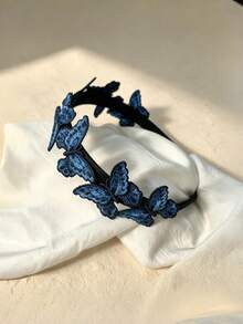 1件全排3D藍色刺繡蝴蝶髮箍，新中式復古布藝髮箍，優雅女款髮飾 - 彩色 - 查看 2
