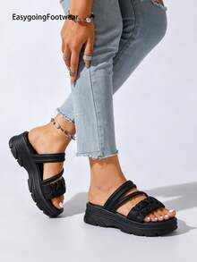 Women's Ruched Open Toe Soft Sole Sandals, Thick Sole Non-Slip, Versatile 2-Way Wear Half-Slide Sandals For Shopping - Black - View 5