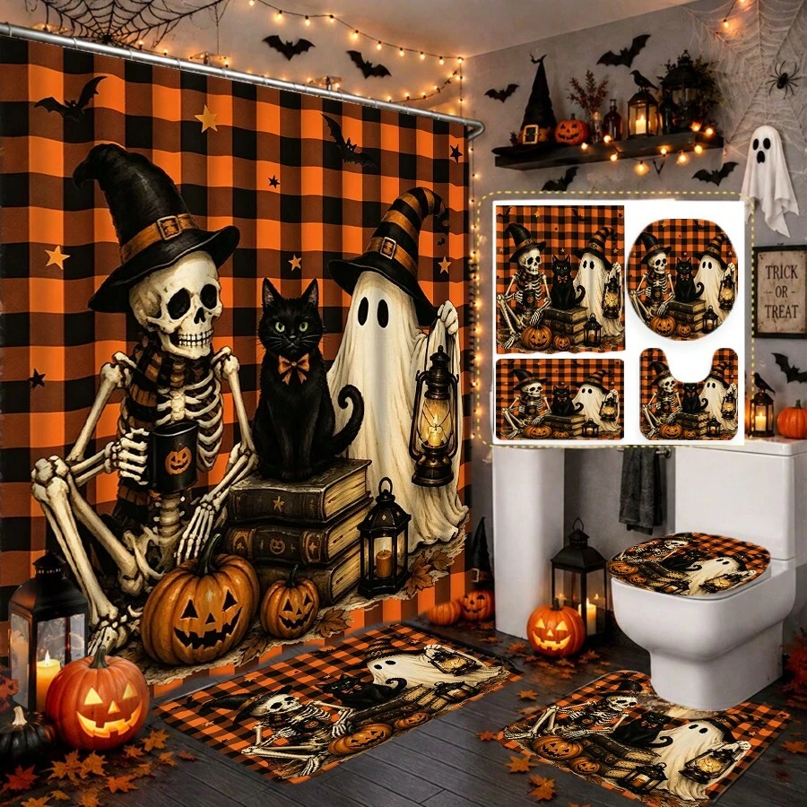 1/4pcs Halloween Funny Skeleton Ghost Black Cat Shower Curtain Set, With 12 Hooks Waterproof Polyester Bath Curtain, Bathroom Curtain, Privacy, Thickened, Durable Quick Dry, 180*180cm Size, Halloween Thanksgiving Autumn Harvest Bathroom Decor
