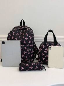 女孩時尚百搭蝴蝶結印花雙肩帶組合包 學生後背包 - 彩色 - 查看 2