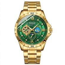 1pc Men's Yellow Angular Case Green Starry Sky Dial Moon Phase & Star Multi-Window Display Luxury Automatic Tourbillon Mechanical Wristwatch - Mouldless - View 11