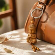 1pc Wooden Buddha Keychain, Natural Wood Monk Pendant, Suitable For Bags And Car Keys, Zen Good Luck Amulet, Spiritual Protection Gift For Men And Women - Rust Brown - View 10