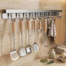 Wall-Mounted Kitchen Utensil Rack With Removable Hooks, Space-Saving Aluminum Kitchen Hanging Bar, Suitable For Cooking Utensils, Spatulas, Spoons, Towels And Cutting Boards, No-Drill Utensil Hook Storage Rack - Grey - View 3