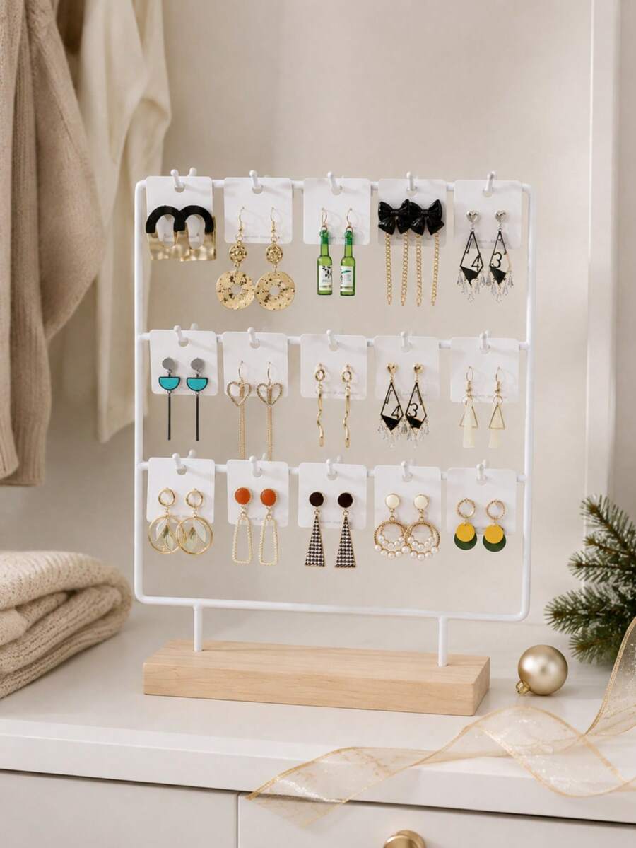 Rak Penyimpanan Anting Wanita Berlapis-lapis, Stand Pajangan Perhiasan Multi-Pengait dengan Alas Kayu dan Organizer Jaring Logam Hitam, Digunakan untuk Menyimpan Liontin Bermerek, Pajangan dan Rak Penyimpanan Anting, Cocok untuk Meja Rias, Kamar Tidur dan Butik, Hadiah Natal - MultiWarna - View 1