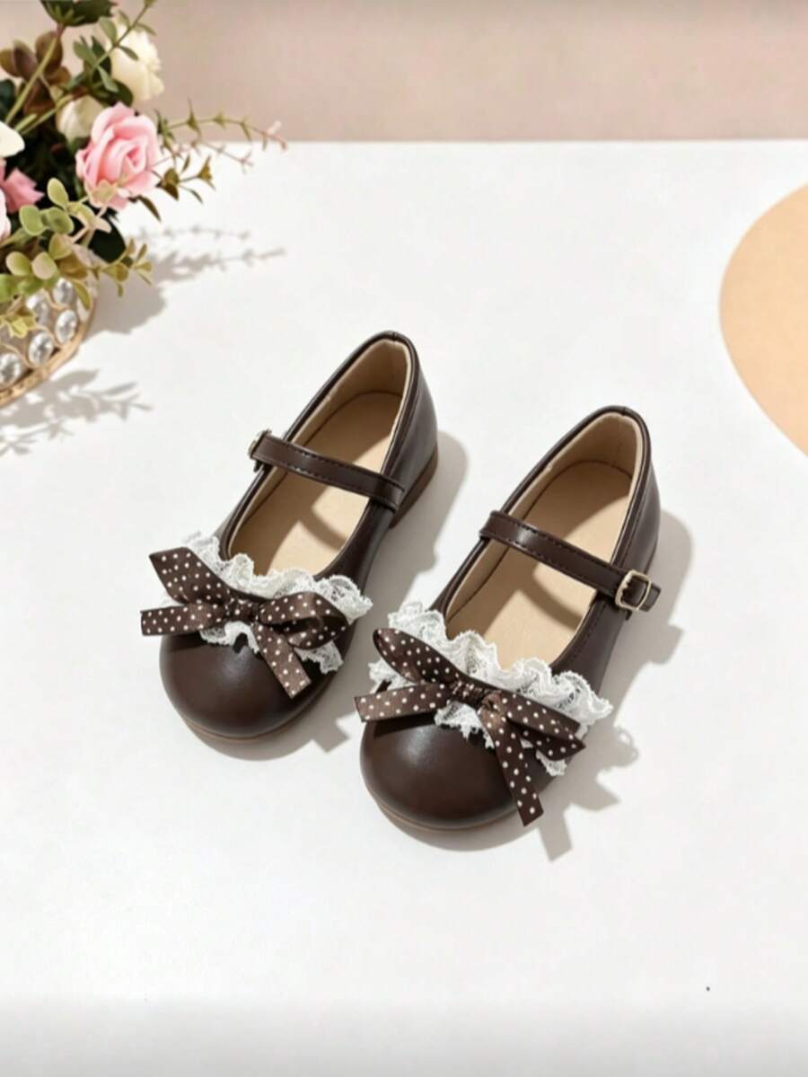 Girls' Mary Jane Shoes, Polka Dot Bow Lace Decor Round Toe Adjustable Strap Anti-Slip Soft Sole Princess Dress Shoes, Buckle Strap, Versatile Style, Suitable For Party, Wedding And Daily Wear - Chocolate Brown - View 1