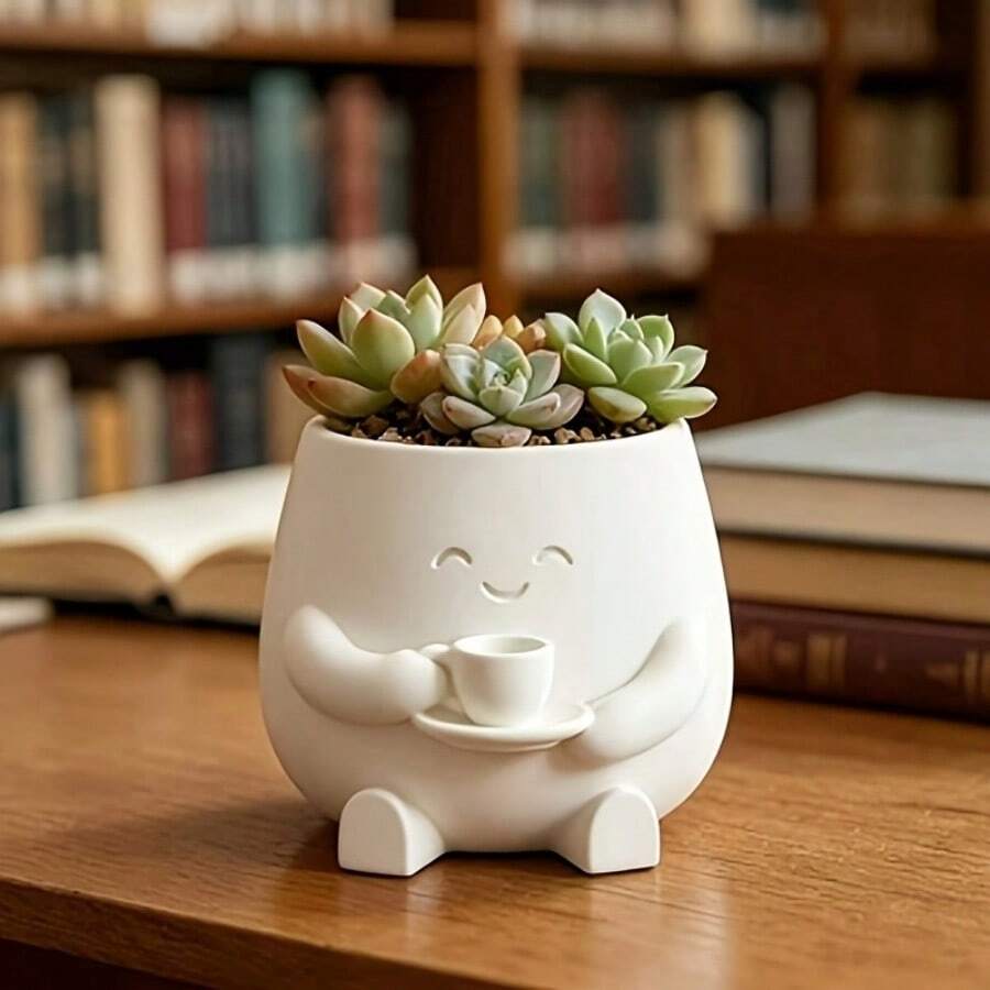 Cat Hugging Succulent Planter, Smiling 3D Printed Pattern Fun Planter, Mini Indoor Plant Pot Set, Home Office Desk Decor Gift, Gardening Gift, Home Decor - A - View 1