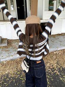 Women's Contrast Striped Knit Sweater, Autumn Fashion Elegant Slimming Short Cardigan (Random Stripes) - Brown - View 8