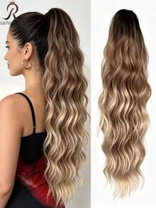 Dark Brown & Black Claw Ponytail Hair Extensions, Light Brown Base Color, 24 Inch Water Wave Heat Resistant Synthetic Fiber Ponytail Wig, Suitable For Women's Daily Use Short Hair Accessory - Multicolor - View 15