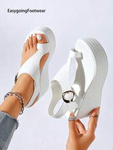 Women's Toe-Loop Single Strap Wedge Sandals, Fashionable Metal Buckle, Suitable For Outdoor Wear, Shopping, Commuting And Dating - White - View 3
