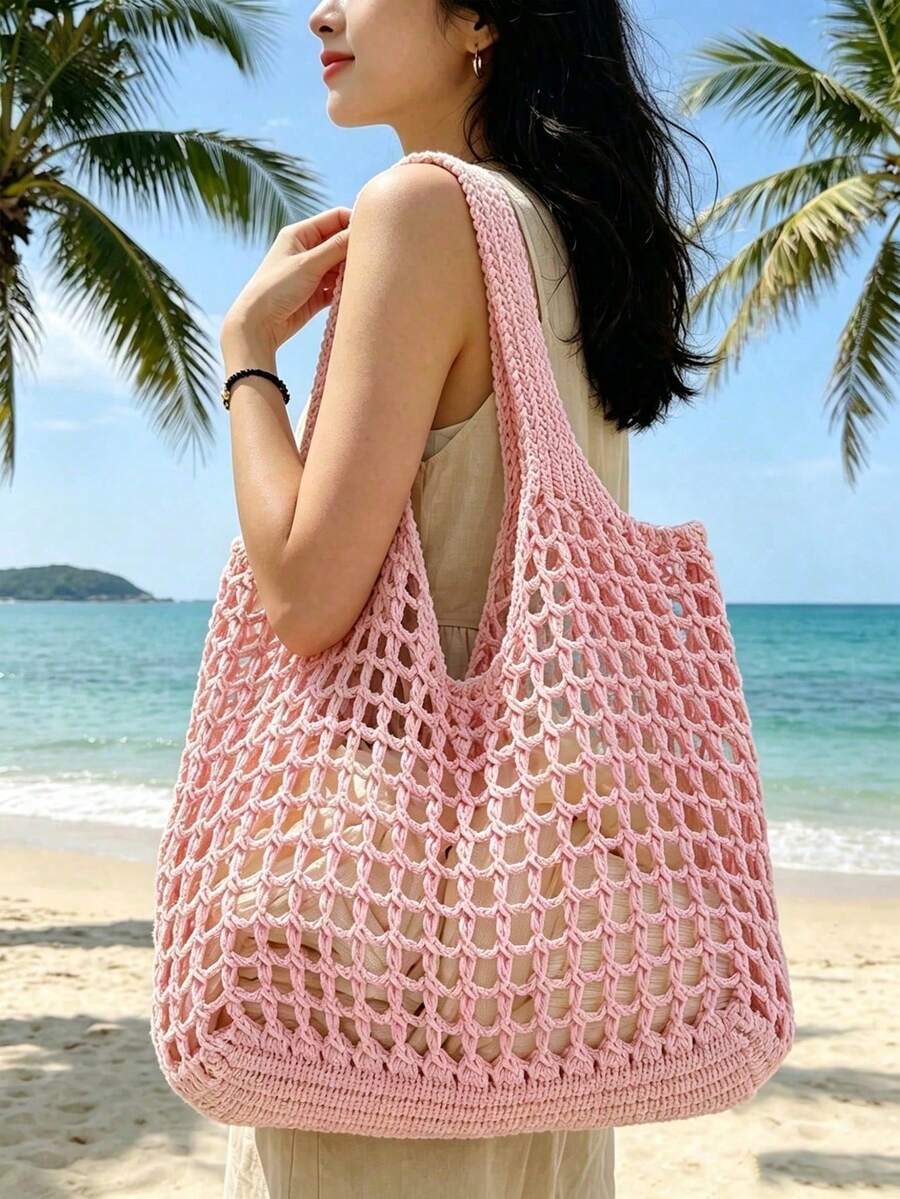 Large Capacity Crochet Shoulder Tote Bag, Lightweight Multifunctional Knitted Handbag, Suitable For Travel, Beach, Vacation And Daily Use