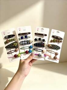 5pcs Vintage Coffee Tone Flocked Heart Plaid Hair Clips, Versatile Side Bang Hair Clips For Women, Autumn/Winter Style - Multicolor - View 1