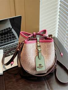 Printed Women's Bucket Bag, Versatile Fashion Handbag, 2026 New Design Shoulder Crossbody Drawstring Bag - Hot Pink - View 11