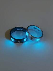 ATLVXJL 2pcs/Set Glow-In-The-Dark Couple/Family/Friendship Rings With Double Heart & Tongue-Out Little Devil Pattern, Silver & Black Stainless Steel, Casual Jewelry Rings For Daily Wear, Halloween And Valentine's Day Gift - Multicolor - View 7