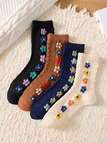 4 Pairs Elegant 3D Floral Pattern Women's Mid-Calf Socks, Non-Slip Soft Comfortable, Suitable For Autumn/Winter - Multicolor - View 7