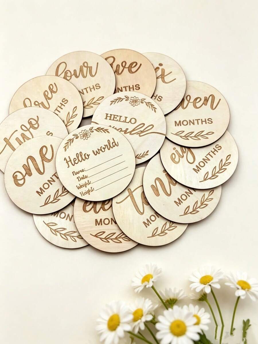 14/12 Sets Wooden Milestone Cards, Wooden Baby Photo Props, Personalized Monthly Anniversary Wooden Cards, Perfect For Room Decor, Photography Props And Baptism Announcement, Wooden Baby Photo Display New Born Growth Monthly Milestone, Gift For Expectant Mothers, Baptism Gift, Baby Gift Choice - Wood Color - View 1