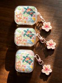 Flower Turtle Printed Clear TPU Earphone Case With Flower Charm Bracelet, Full‑Cover Protective Cover For AirPods 1/2/3/Pro/Pro2/Pro3 - Multicolor - View 7
