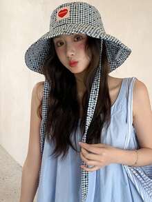 1pc Heart Plaid Bucket Hat, Cute Outdoor Foldable Wide Brim Sun Hat, Casual Polyester Breathable Hat, Suitable For Spring, Summer, Autumn, Beach, Vacation, Holiday, Travel - Multicolor - View 3