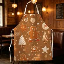 1pc Christmas Vintage Gingerbread Man Dessert Print Apron - Sleeveless Halter Neck Design, Durable And Comfortable Fit, Featuring Gingerbread Man With Frosting Stars And Striped Christmas Tree Pattern, Suitable For Cooking, Baking And Home Cleaning, Household Cleaning, Housework Apron, Hand-Painted Handmade Baking Apron, Fun Holiday Gift - Multicolor - View 3