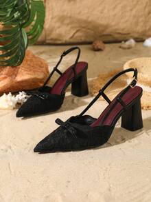 Women's Lace Mesh Pointed Toe Stiletto Heel Sandals With Ankle Strap, Breathable Party High Heels - Black Chunky Heel - View 5