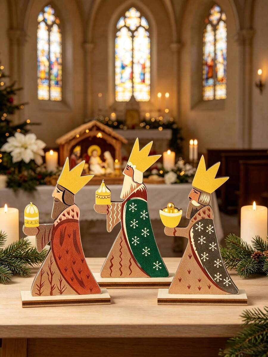 3pcs/1pc Christmas Wooden Three Wise Men Desktop Decor Set, Three Wise Men Figurines, Nativity Theme Decoration, Holiday Centerpiece, Rustic Style, Suitable For Fireplace, Dining Table And Christmas Party Scenes - A - View 1