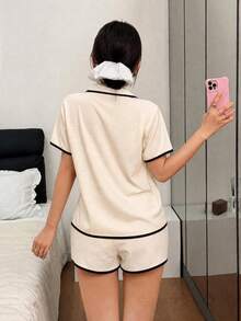 Dreamivo 2pcs Women's Comfortable Solid Color Short Sleeve Lapel Top And Bowknot Shorts Pajama Set, Spring/Summer - White - View 2