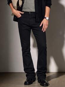 Men Solid Black Slim‑Fit Flare Jeans Frayed Raw Hem Stretch Denim Pants Y2K Streetwear Daily Wear - Black - View 3