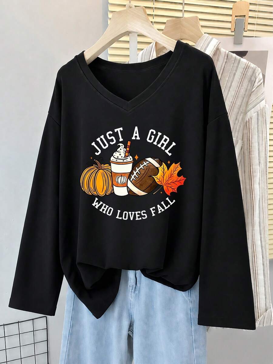 Plus Size V‑Neck Long Sleeve Tee, Fall Pumpkin Football Letter Print Loose Casual Top For Curvy Women - Black - View 1