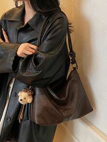 Solid Color Zipper Closure Women's Bag, Retro Versatile And Elegant Shoulder Crossbody Bag, Suitable For Women's Daily Use, Commuting, Travel - Coffee - View 6