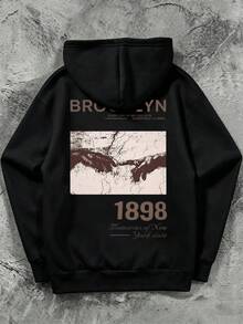 Men's Plus Size Loose Oversize Fit | Vintage Brooklyn 1898 Artistic Handmade Pattern Back Print | Fashion Casual Hoodie | Exquisite Craftsmanship | Autumn/Winter Essential | Versatile And Easy To Match, Showcasing Your Style - Black - View 3