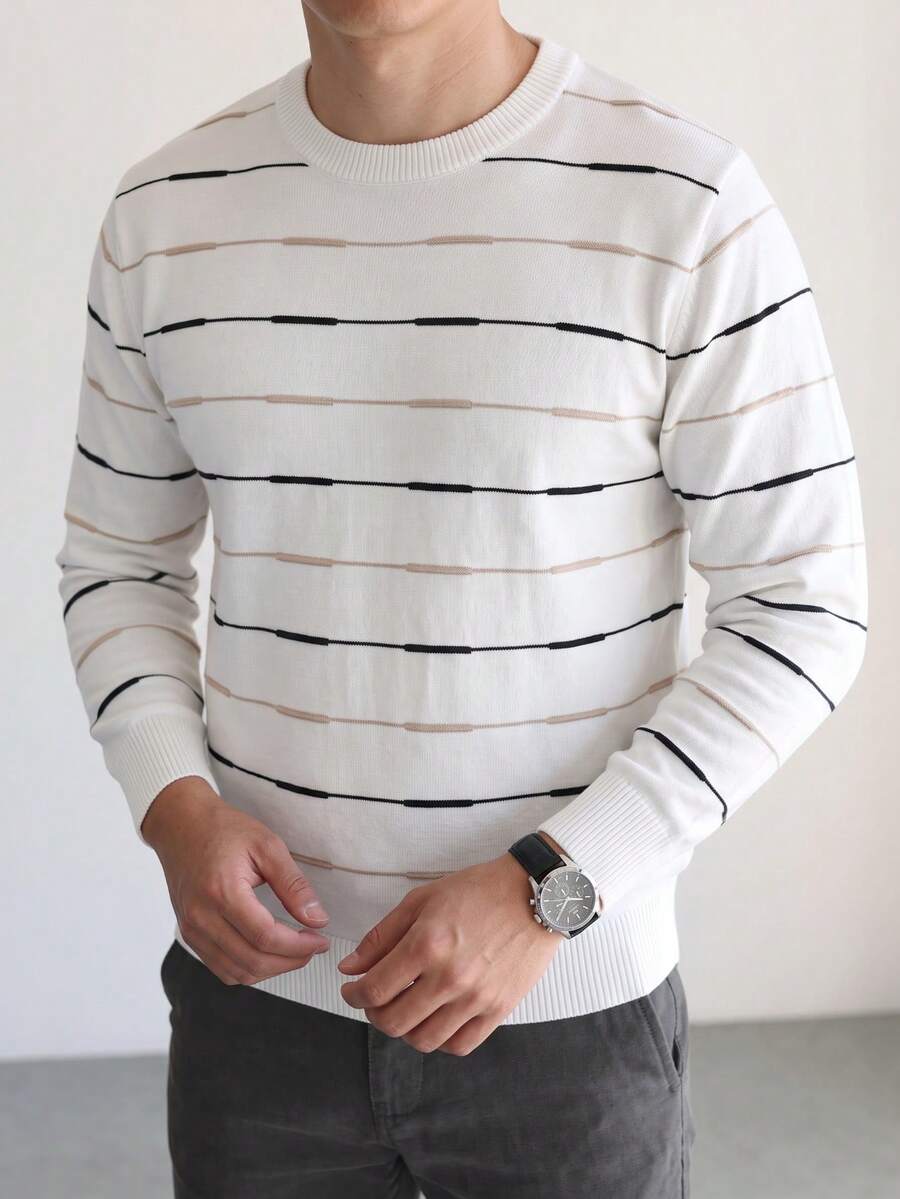 Men's Spring/Autumn Striped Slim Fit Regular Shoulder Crew Neck Long Sleeve Sweater - White - View 1