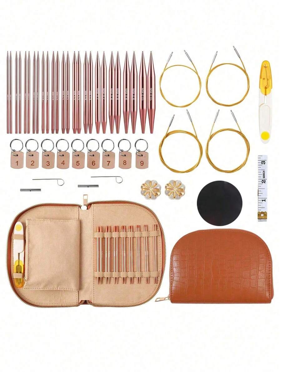 49pcs Aluminum Round Knitting Needle Set With Ergonomic Handles, Storage Box And Accessories, Suitable For Small DIY Projects