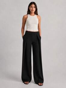 Women's High Waist Pleated Wide Leg Pants With Front Overlay Detail - Black - View 4