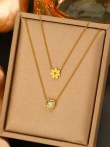 VceTd 1/2 piezas Conjunto de collar de acero inoxidable estilo romántico y lindo para mujer con diseño de colgante de margarita/corazón, adecuado para uso diario, citas, vacaciones o regalo - Amarillo Oro - Ver 1