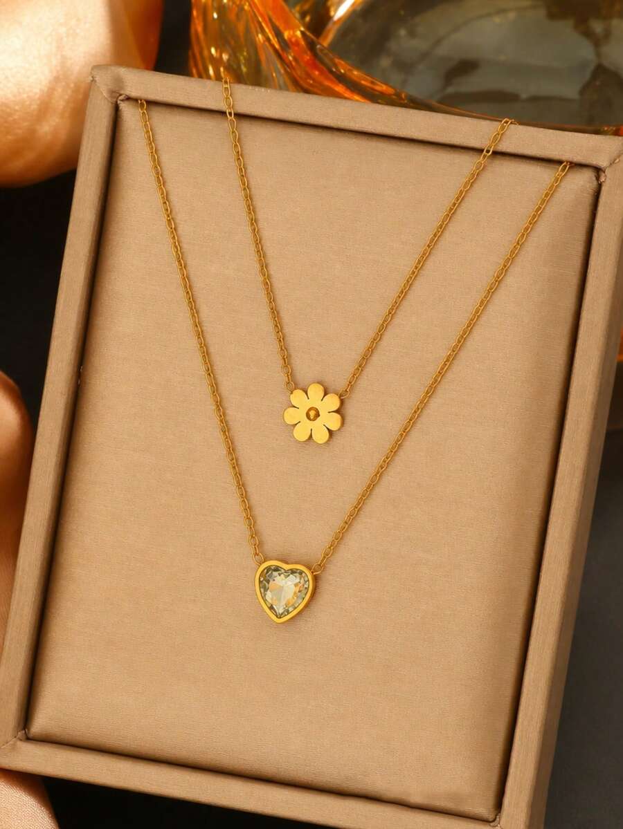 VceTd 1/2 piezas Conjunto de collar de acero inoxidable estilo romántico y lindo para mujer con diseño de colgante de margarita/corazón, adecuado para uso diario, citas, vacaciones o regalo - Amarillo Oro - Ver 1
