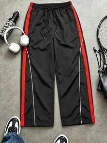 Modcrash Men's Side Stripe Wide Leg Drawstring Waist Long Pants, Autumn/Winter Streetwear Casual Fall - Black - View 3