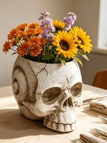 1pc Skull Ammonite Planter, Unique Fossil Spiral Design Decorative Vase, Bohemian Gothic Home Bathroom Desktop Centerpiece Decor, Indoor Succulent Orchid Stand, Modern Bookshelf Aesthetic Plant Container - Multicolor - View 7