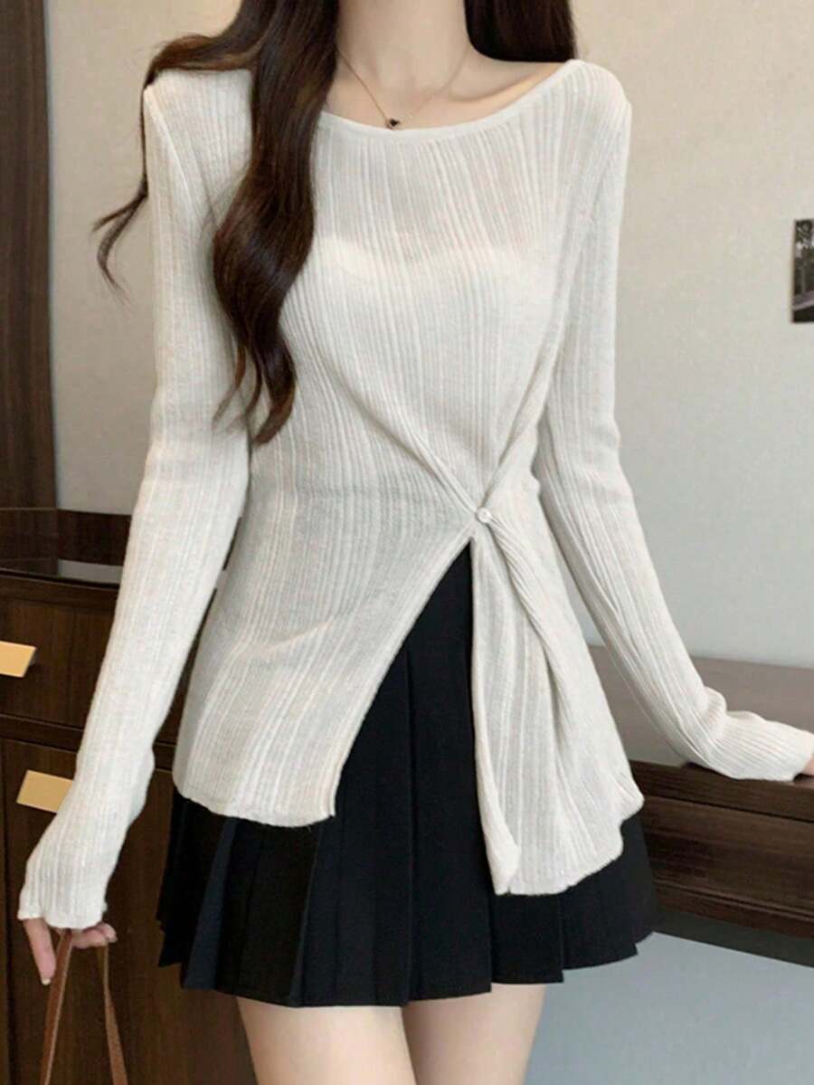 Daily Design 小眾極簡性感風針織上衣，辣妹收腰開衩下擺女式上衣