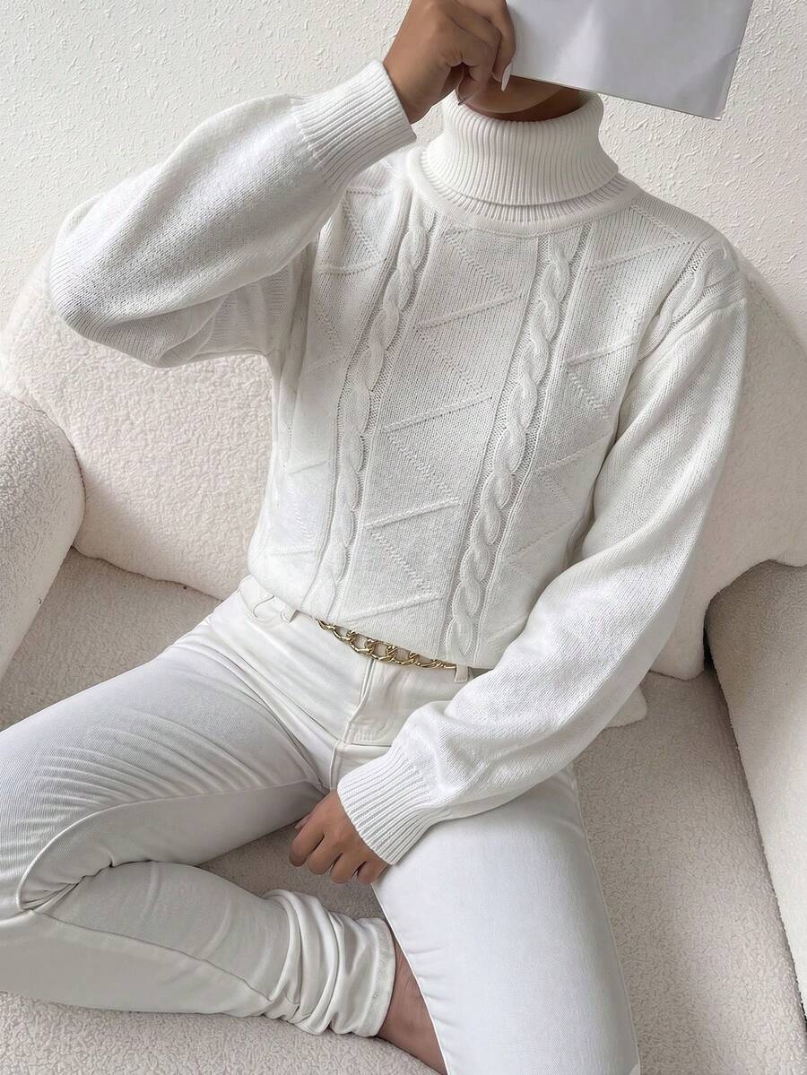 Teen Girls Minimalist Outdoor Knit Sweater Street Slouchy Casual High Neck Pullover - White - View 1