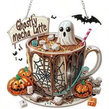 Halloween Coffee Hanging Decor Set, Spooky Latte Style, Suitable For All Ages, Sun Catcher Hanging Ornament, Window And Wall Decoration, Handmade Activity, For Latte Themed Decor - A - View 2