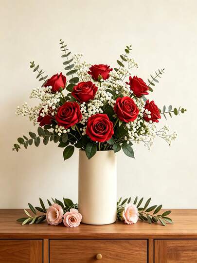 46/23PCS Buket Mawar Merah Imitasi Real-Touch, Bunga Buatan dengan Batang Baby's Breath & Eucalyptus, Dekorasi Bunga Siap Vas, Hiasan Meja Pernikahan, Ornamen Perapian Kamar Tidur, Perlengkapan Pesta Valentine, Dekorasi Estetik Dalam Ruangan untuk Pesta Peresmian Rumah