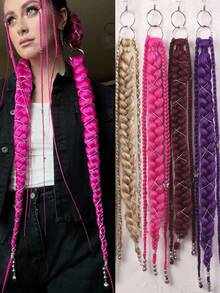 1pc Long Braided Ponytail Hair Hoop Hair Accessory, Straight Synthetic Fiber Braided Hair With Metal Ring, Braided Hair Extension, Suitable For Daily Wear And Party, Fits All Hair Types, Instantly Adds Volume And Length, Halloween - Multicolor - View 3