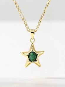 1pc Fashionable Five-Pointed Star Pendant Necklace, Inlaid With Sparkling Diamonds, 3D Star Design, Paired With 50cm Classic Chain, Comfortable And Smooth To Wear, Minimalist Luxury Style, Elegant Accessory For Daily Casual And Commute Outfits - Yellow Gold - View 1