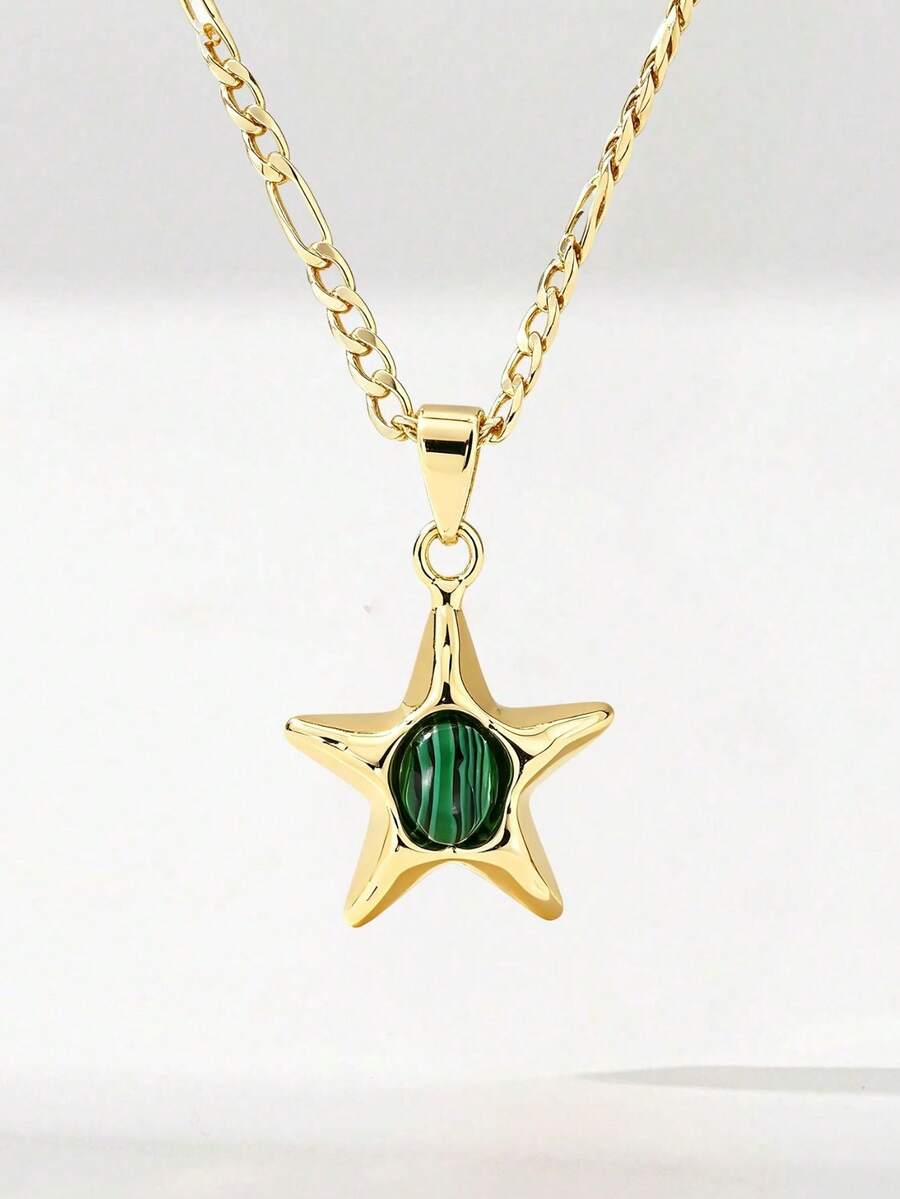 1pc Fashionable Five-Pointed Star Pendant Necklace, Inlaid With Sparkling Diamonds, 3D Star Design, Paired With 50cm Classic Chain, Comfortable And Smooth To Wear, Minimalist Luxury Style, Elegant Accessory For Daily Casual And Commute Outfits - Yellow Gold - View 1