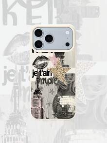 1pc White Matte Minimalist Lens Protection English Star & Lips Pattern Phone Case, Personalized Compatible With Iphone 16 Pro Max/17/16/15/14/13/12/11/Air And Series - Multicolor - View 1
