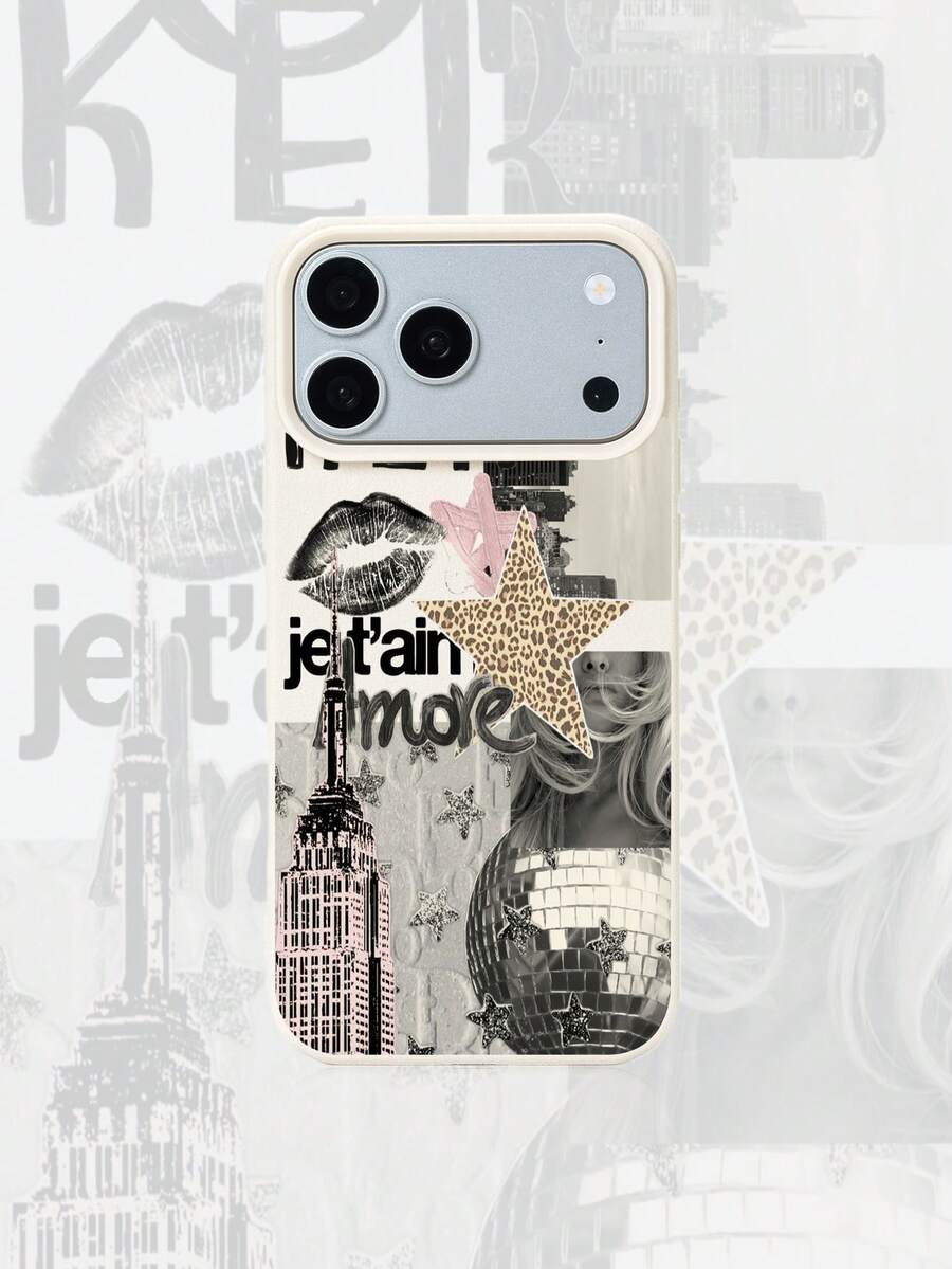 1pc White Matte Minimalist Lens Protection English Star & Lips Pattern Phone Case, Personalized Compatible With Iphone 16 Pro Max/17/16/15/14/13/12/11/Air And Series - Multicolor - View 1