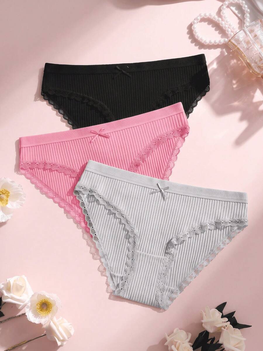3pcs Solid Color Cotton Women's Underwear, Bow Lace Patchwork Ribbed Hipster Briefs, Comfortable Ladies Panties - Multicolor - View 1